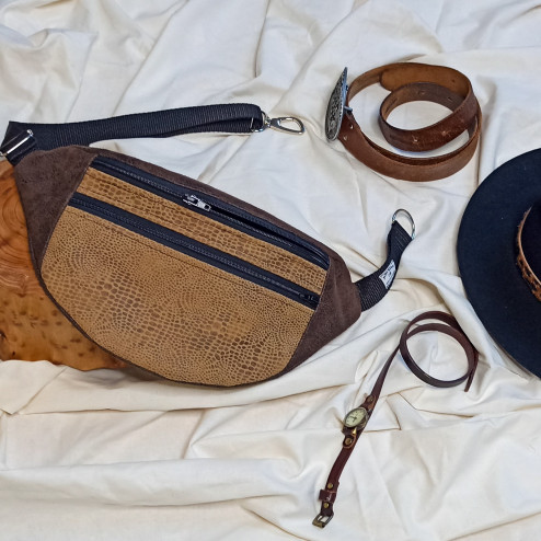 Women's midi sachet / snakeskin and brown fake leather