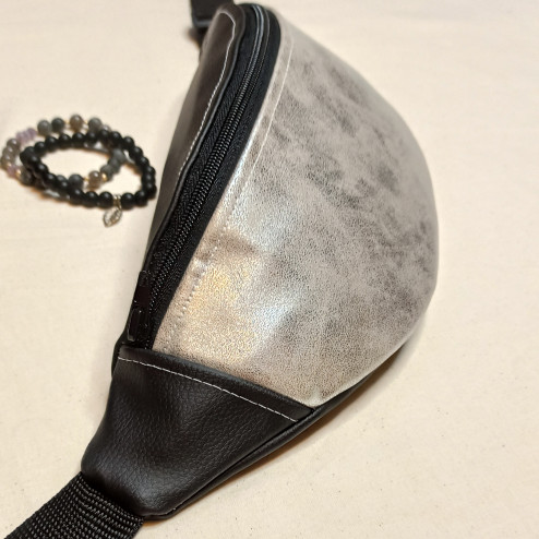 Hip bag / fannypack - silver and black eco-leather