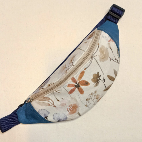 Hip sachet / fannypack - autumn flowers and blue eco-suede