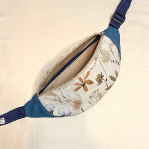 Hip sachet / fannypack - autumn flowers and blue eco-suede