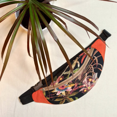 Waist bag / fannypack - autumn flowers and orange eco-suede
