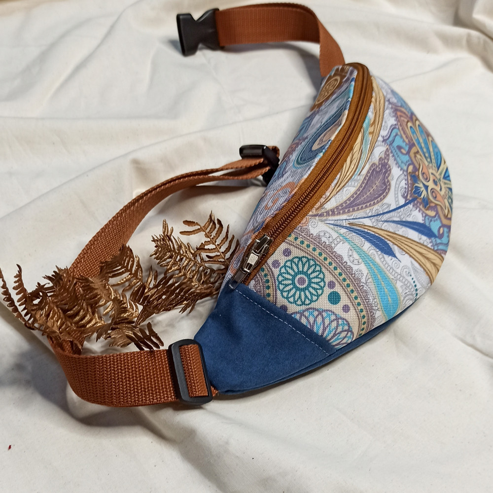 Hip sachet / fannypack - mosaic and blue eco-suede