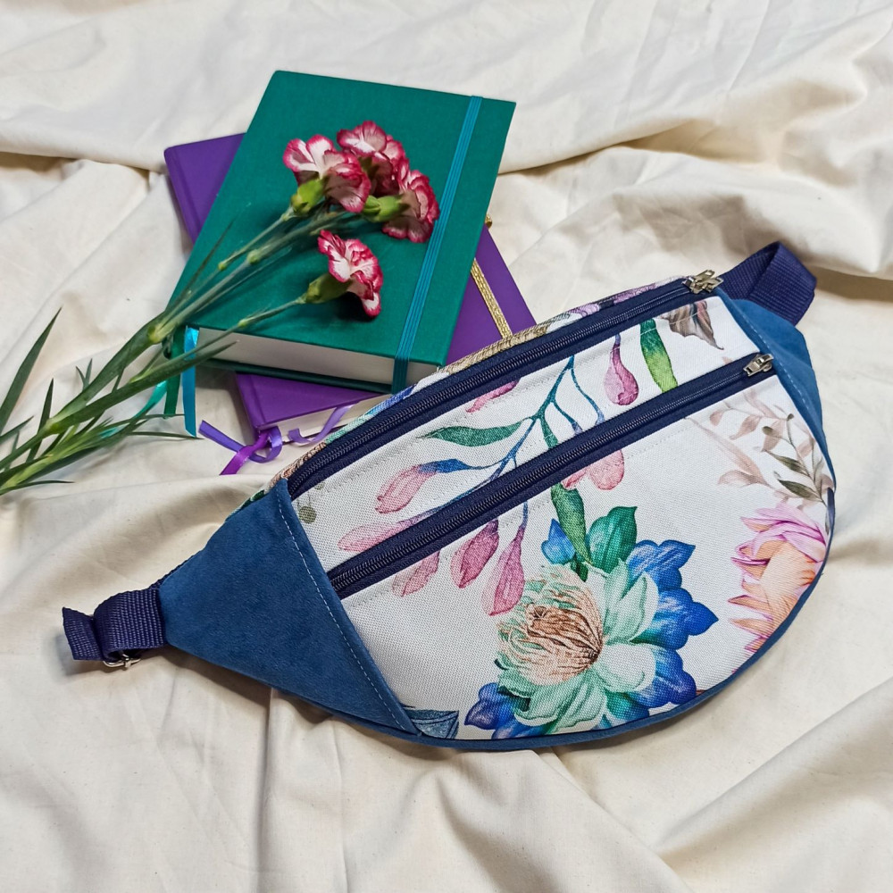 Women's maxi / flowers and blue eco-suede waist bag
