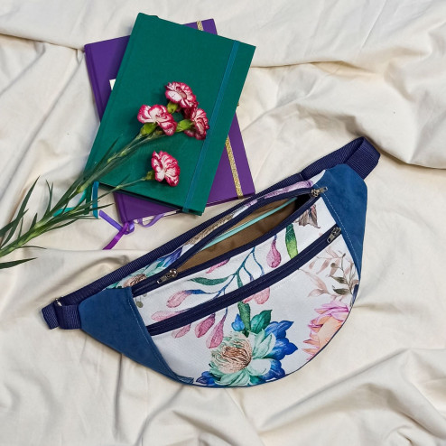 Women's maxi / flowers and blue eco-suede waist bag