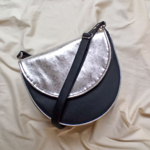 Women's half-round handbag / silver and black leatherette