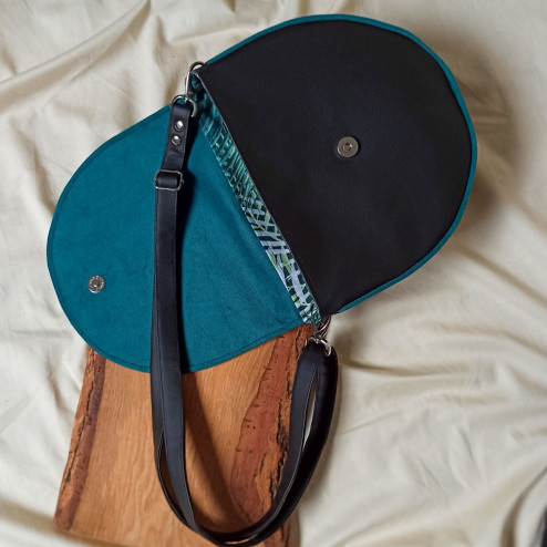Women's half-round handbag / turquoise velor and black leatherette