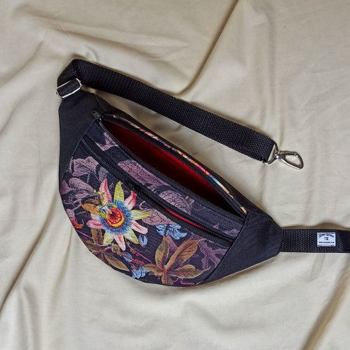 Women's midi waist bag / flowers and black waterproof handmade