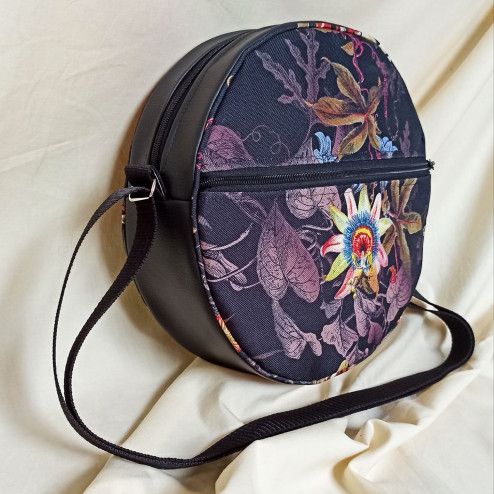 Round women's handbag / plants and black eco-leather