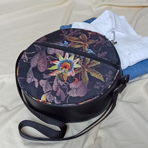 Round women's handbag / plants and black eco-leather