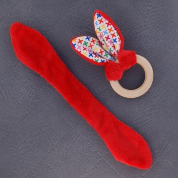 Teether – bunny ears - smooth red / colourful x's white background