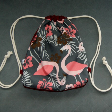 Waterproof backpack / sack - salmon flamingos / burgundy
