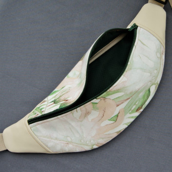 Hip sachet / kidney - pastel leaves and cream eco-leather