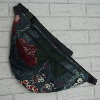 Saszetka biodrowa maxi / torebka z bawełny w motyw roślinny na szaro-turkusowym Handmade