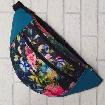 Saszetka biodrowa maxi / torebka z tkaniny obiciowej kolorowe kwiaty na czarnym tle i turkusowa ekoskóra handmade