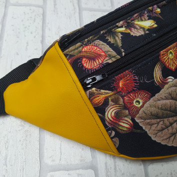Maxi hip sachet / purse - colorful flowers and leaves, honey eco-leather