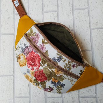 Maxi hip sachet / purse - velor with autumn flowers and honey eco-leather