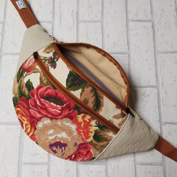 Maxi hip sachet / purse - autumn flowers and cream quilted eco-leather