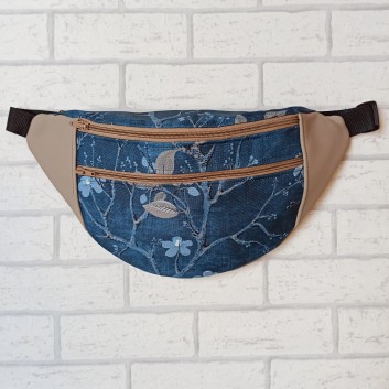 Maxi hip sachet / bag - blue twig and beige eco-leather