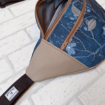 Maxi hip sachet / bag - blue twig and beige eco-leather