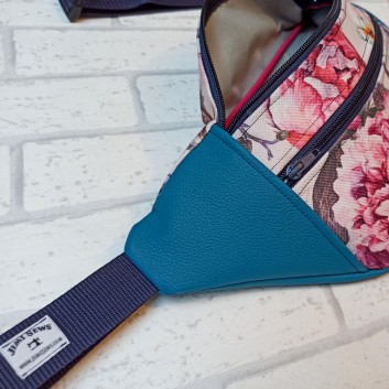Maxi hip sachet / purse - peonies and turquoise eco-leather