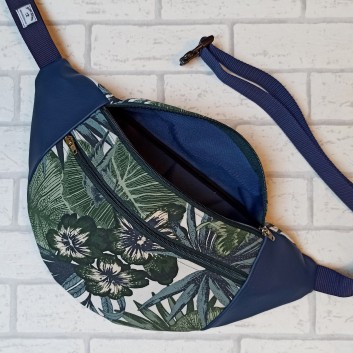 Maxi hip sachet / purse - leaves and flowers, navy blue eco-leather