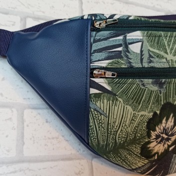 Maxi hip sachet / purse - leaves and flowers, navy blue eco-leather