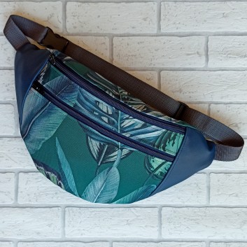 Maxi hip sachet / bag - palm leaves and navy blue eco-leather