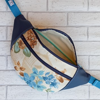 Saszetka biodrowa maxi / torebka z tkaniny obiciowej w brązowe i niebieskie kwiaty i granatowa ekoskóra handmade