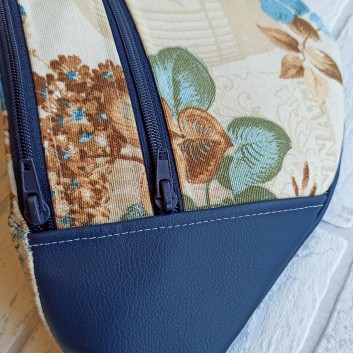 Saszetka biodrowa maxi / torebka z tkaniny obiciowej w brązowe i niebieskie kwiaty i granatowa ekoskóra handmade