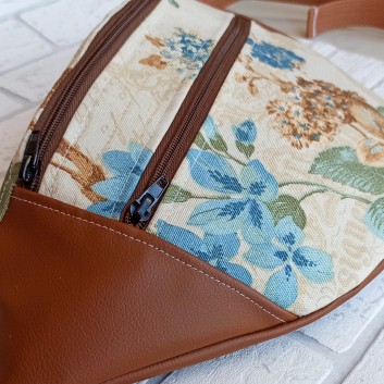Women's maxi waist pack  / retro flowers and caramel eco-leather
