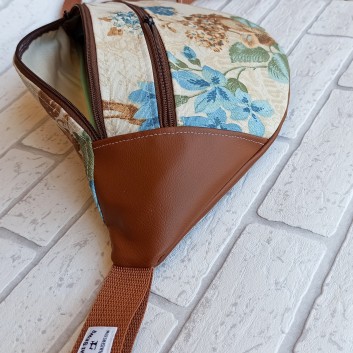 Women's maxi waist pack  / retro flowers and caramel eco-leather