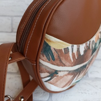 Mini round handbag / autumn leaves and caramel eco-leather