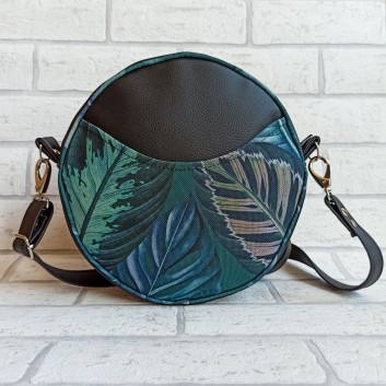 Round mini bag / green-gray leaves and black eco-leather