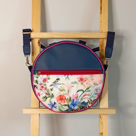 Round backpack and purse (2in1) - colorful flowers on a white background and navy blue eco-leather