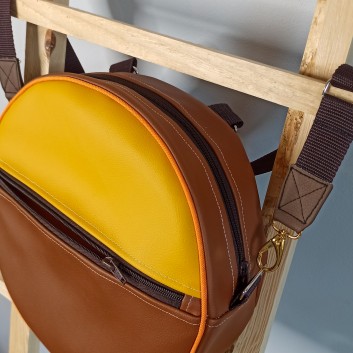 Round backpack and handbag (2in1) - yellow and caramel eco-leather