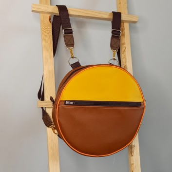 Round backpack and handbag (2in1) - yellow and caramel eco-leather