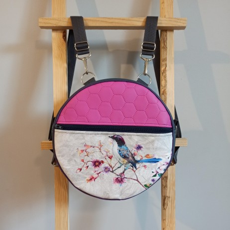 Round backpack and handbag (2in1) - pink and gray eco-leather and a bird